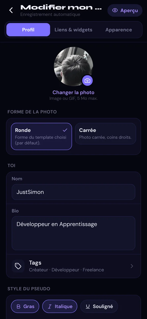 Éditeur de profil